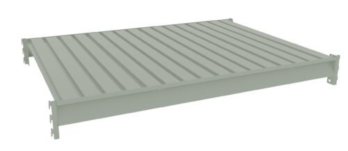 aizxxjlxezvvoa6ebf5j.jpg A single gray metal shelving unit or panel with vertical grooves, viewed from an angle. The panel appears elevated and isolated on a white background.