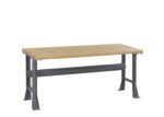 A sturdy workbench with a wooden top and dark grey metal legs. The bench features a minimalist design, suitable for workshops or garages.