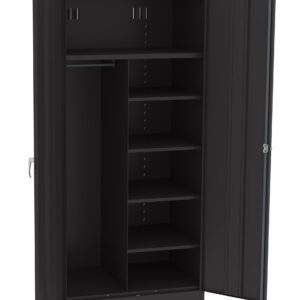 A large black metal storage cabinet with two open doors. The interior features a rod for hanging items on the left and five adjustable shelves on the right. The cabinet has a sturdy, industrial design.