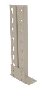 A vertical metal bracket with multiple keyhole-shaped slots is shown. The bracket has a flat base for mounting and two parallel vertical sections, featuring a series of holes for adjustable support. The metal has a beige finish.