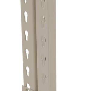 A vertical metal bracket with multiple keyhole-shaped slots is shown. The bracket has a flat base for mounting and two parallel vertical sections, featuring a series of holes for adjustable support. The metal has a beige finish.