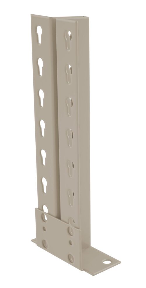 an0974bxqv5pzkx72jmx.jpg A vertical metal bracket with multiple keyhole-shaped slots is shown. The bracket has a flat base for mounting and two parallel vertical sections, featuring a series of holes for adjustable support. The metal has a beige finish.