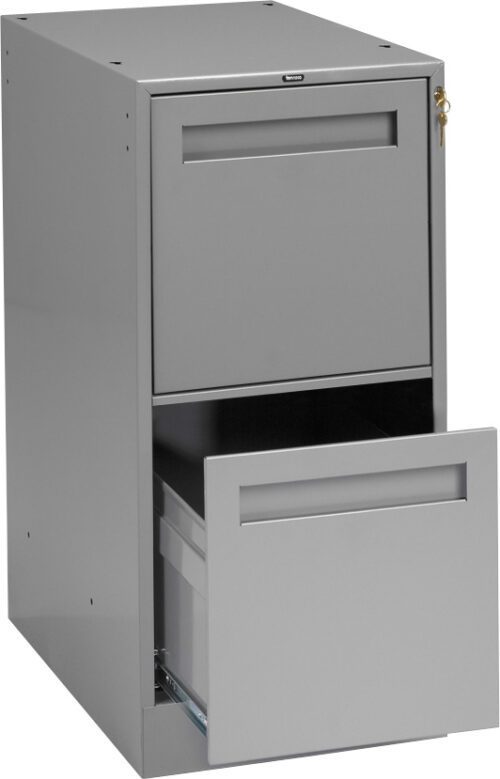 A gray metal filing cabinet with two drawers, the bottom one slightly open, revealing a hanging file folder inside. The top drawer is closed and has a lock with a key inserted. The cabinet has a plain design.