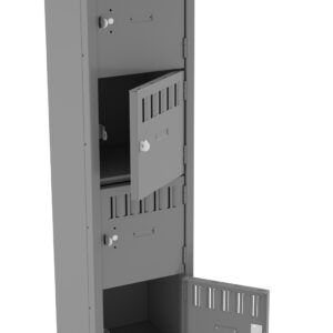A tall, gray metal locker with five compartments. Four of the doors are open, revealing empty shelves inside. Each compartment has ventilation slots and a locking mechanism.