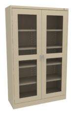 A beige metal cabinet with glass-paneled double doors and silver handles. It features multiple adjustable shelves visible through the glass. The cabinet is set against a plain white background.