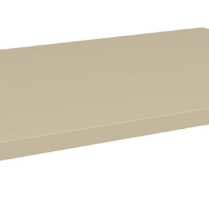 An angled view of a beige, rectangular, flat metal shelf with a smooth surface and slightly raised edges on three sides. There are small round holes visible on the left edge. The background is plain white.