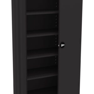 Black metal cabinet with one open door, revealing five empty shelves inside. The cabinet has a simple, modern design with a smooth finish and a rounded silver handle on the door. The interior shelves are evenly spaced.