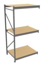 A three-tier industrial storage shelf with a metal frame and wooden shelves. The unit has a simple design with vertical and diagonal metal supports on one side. The shelves are empty and the background is plain white.