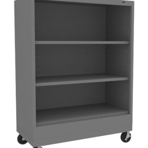 A gray, three-shelf metal storage cabinet on wheels, with an open front and an empty interior. It has adjustable shelves and is designed for easy mobility.