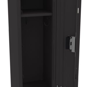 A tall, black metal storage locker with a partially open door revealing two internal shelves. The locker has a vented design on the door and stands on short legs. A lock mechanism is visible on the door.