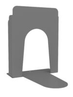 Gray powder-coated metal bookend with a minimalist design. It features a circular cutout and a simple flat base for support. The surface has a textured finish.