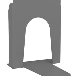 Gray powder-coated metal bookend with a minimalist design. It features a circular cutout and a simple flat base for support. The surface has a textured finish.
