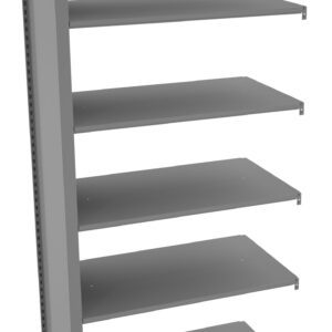 A gray, five-tier metal shelf unit with a modern, industrial design, featuring open rectangular shelves and a vertical support on one side.