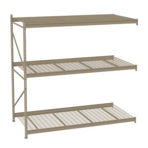 Metal storage shelf unit with three grid-pattern wire shelves and one solid top shelf. The structure is open-sided and features vertical supports with adjustable height options. The shelf is empty and set against a plain white background.