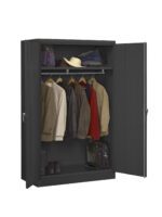 An open black metal wardrobe displaying hanging jackets in various colors, a white cowboy hat on the top shelf, and a green bag along with shoes on the bottom shelf. The wardrobe has two doors, one partially open.