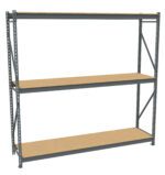 A large, three-tiered metal storage shelf with wooden boards placed on each level. The frame is gray, with a simple, industrial design, ideal for garage or warehouse storage. The shelf is empty and stands against a white background.