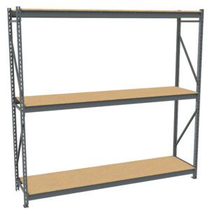 A large, three-tiered metal storage shelf with wooden boards placed on each level. The frame is gray, with a simple, industrial design, ideal for garage or warehouse storage. The shelf is empty and stands against a white background.