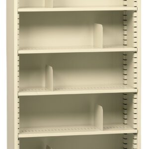 A tall beige metal bookshelf with six adjustable shelves and bookends on each shelf. The shelves are currently empty, and the bookends are evenly spaced. The bookshelf stands against a plain white background.