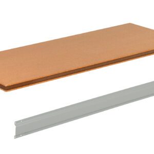 A wooden shelf plank and a separate metal bracket isolated on a white background. The wooden plank is rectangular and brown, while the metal bracket is long, thin, and gray, appearing intended for supporting the shelf.