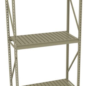 A tall, sturdy metal shelving unit with three slatted shelves, evenly spaced. The frame is made of angular metal supports, with a simple and functional design suitable for storage in industrial or garage settings.
