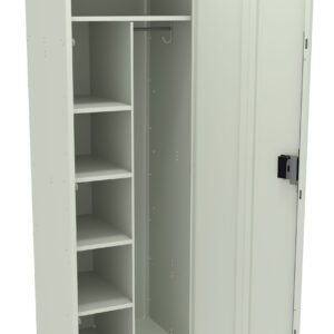 Metal storage cabinet with a right-side door open. Inside, there are five shelves on the left and an empty vertical space on the right with a rod for hanging items. The exterior is light gray with a black latch handle.