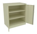 A beige metal storage cabinet with one door open, revealing three shelves inside. The cabinet has a solid, utilitarian design and empty shelves.