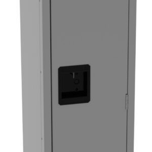 Tall gray metal locker with a black handle and a vented top and bottom door. The locker is closed and stands on a white background.