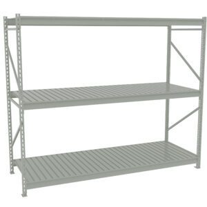 A large, gray, metal shelving unit with three horizontal, slatted shelves and a sturdy frame, suitable for industrial or garage storage. The unit is shown against a plain white background.