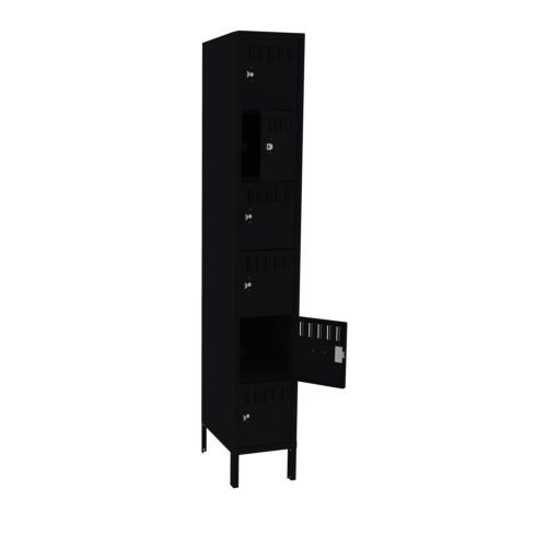 A tall, black metal locker with four compartments vertically aligned. Two compartments are open, showing interior space, while the others remain closed. The locker stands on four legs.