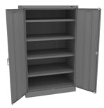 Open gray metal cabinet with two doors, revealing five empty shelves. The cabinet is positioned against a plain white background.
