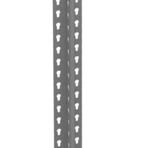 A long, vertical metal T-post with evenly spaced triangular holes along its length. The post appears gray and is displayed against a plain white background.