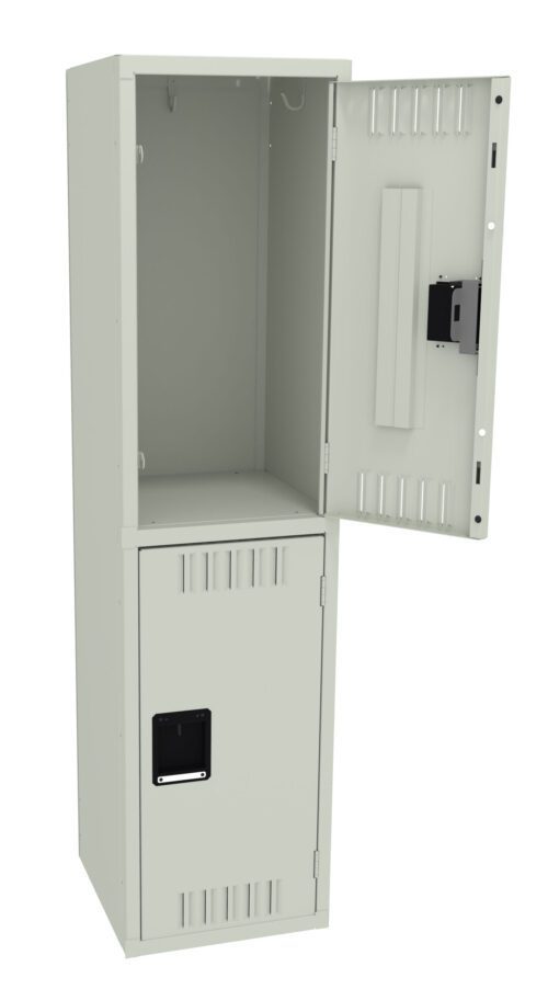 A metal locker with two compartments is shown. The top compartment is open, revealing an empty interior. The bottom compartment is closed. The locker is light gray in color and has ventilation slits on the doors.