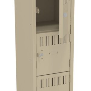 A beige metal locker with four compartments, each having a small vent and circular lock. The second compartment from the top is open, showing empty space inside. The locker is tall and narrow, resting on the floor.