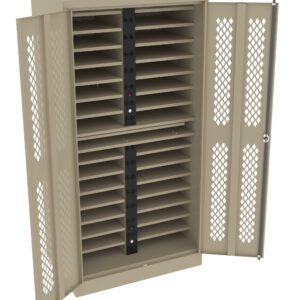 A beige metal storage cabinet with two open doors, revealing several horizontal slots for storing items. The doors and sides have a diamond-patterned ventilation design. A lock is visible on the right door.