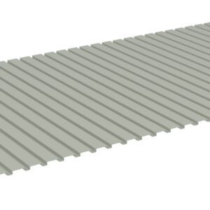 A rectangular corrugated metal sheet with evenly spaced ridges and a light gray color. The sheet is viewed from an angle, showing its textured surface and uniform structure.