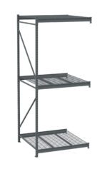Industrial metal shelving unit with three shelves. The top and middle shelves are solid, while the bottom shelf has a wire grid design. The frame is made of sturdy, dark gray metal.