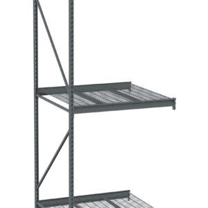 Industrial metal shelving unit with three shelves. The top and middle shelves are solid, while the bottom shelf has a wire grid design. The frame is made of sturdy, dark gray metal.