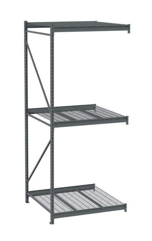 Industrial metal shelving unit with three shelves. The top and middle shelves are solid, while the bottom shelf has a wire grid design. The frame is made of sturdy, dark gray metal.