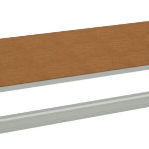 Image of a disassembled shelving unit, featuring a rectangular brown board and six gray metal beams positioned around it, likely intended for assembly into a complete structure.