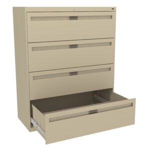 A beige filing cabinet with four drawers, one of which is open at the bottom, revealing its interior. The cabinet has simple pull handles and a clean, modern design.