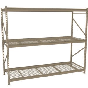 A large metal warehouse shelf unit with three adjustable levels, featuring a sturdy frame and grid-style shelves for ventilation. The shelf is empty, showcasing its storage capacity and industrial design.