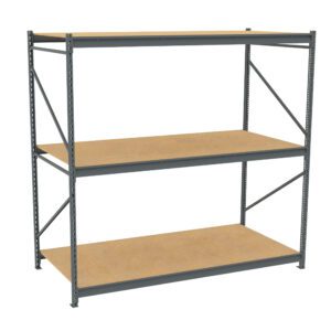A metal shelving unit with three wooden shelves. The frame is gray with diagonal support bars on the sides. The shelves are unoccupied and evenly spaced. The unit is suited for storage or organizational purposes.