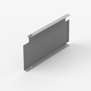 A gray, rectangular metal sheet with flanges extending on the top and bottom edges, featuring small holes at each corner, positioned on a light gray background.