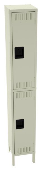 A tall, beige metal locker with two compartments stacked vertically. Each compartment has a black handle and small vents near the top and bottom. The locker stands on four short legs.