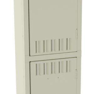 A tall, beige metal locker with two compartments stacked vertically. Each compartment has a black handle and small vents near the top and bottom. The locker stands on four short legs.
