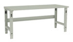 A sturdy, gray metal workbench with a flat rectangular surface and adjustable legs. The design is minimalistic, with cross-supports for stability. The bench has a simple, industrial appearance, suitable for workshops or garages.