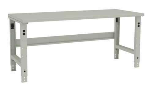 A sturdy, gray metal workbench with a flat rectangular surface and adjustable legs. The design is minimalistic, with cross-supports for stability. The bench has a simple, industrial appearance, suitable for workshops or garages.