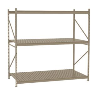 A beige metal shelving unit with three horizontal slatted shelves. The frame is supported by vertical beams connected with diagonal bracing bars. The design appears simple and industrial, suitable for storage purposes.
