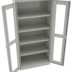 A gray metal storage cabinet with two open glass-paneled doors and five adjustable shelves. The interior is empty, and the design is simple and industrial.