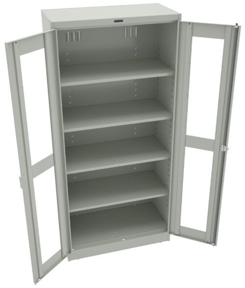 A gray metal storage cabinet with two open glass-paneled doors and five adjustable shelves. The interior is empty, and the design is simple and industrial.